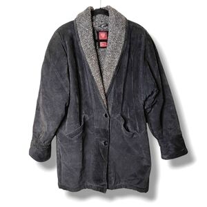 Vintage Northern Style Suede Shawl-Collar Fleece-Lined Coat L Charcoal Oversized